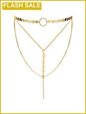 Layered Sequins Choker Necklace with Thin Long Chain Pendant